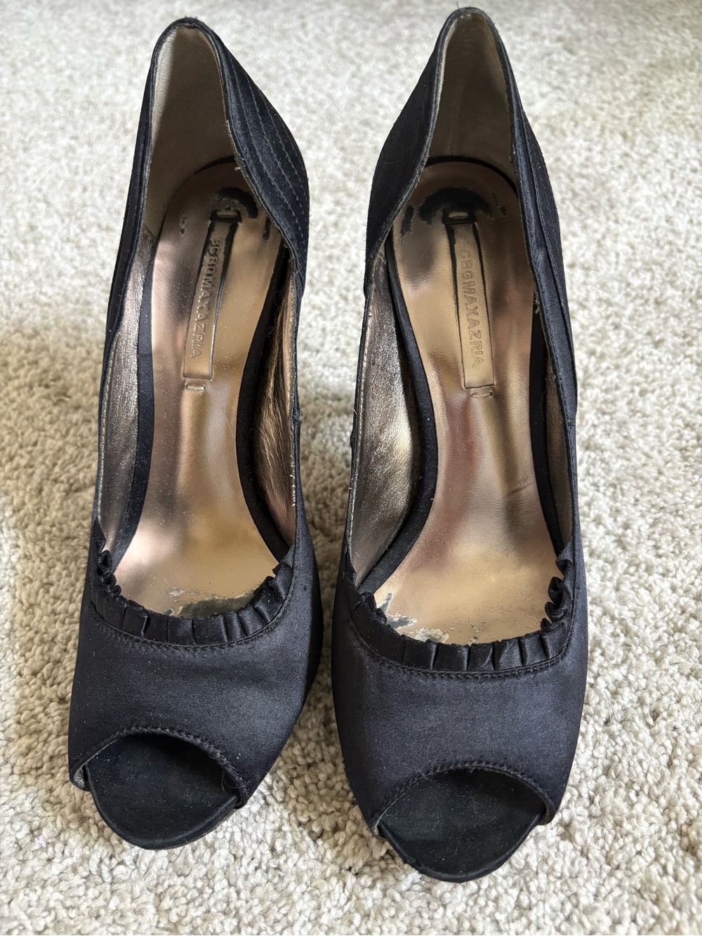 BCBGMaxazria Black Satin Peep-Toe Pumps with Ruffle Trim